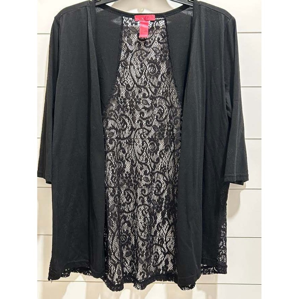 Mix & Co Womens Black Lace Back Open Front Cardigan 3/4 Sleeve Sz L Career Goth